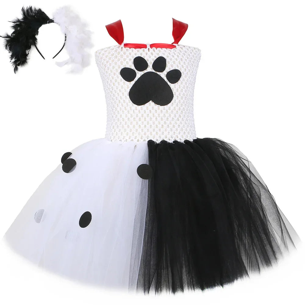 Halloween Crulla Cosplay Costume Cruella Tulle Dress Party Girls Black White Carnival Kids Cruella Wig Lace Mask Suit Clothes