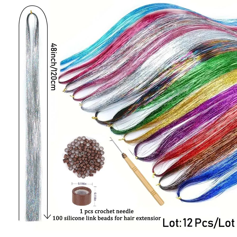12pcs Synthetic Hair Tinsel Kit Heat Resistant Sparkling Shiny Tinsel Hair Fairy hair 12 Colors Tinsel Strands Highlights