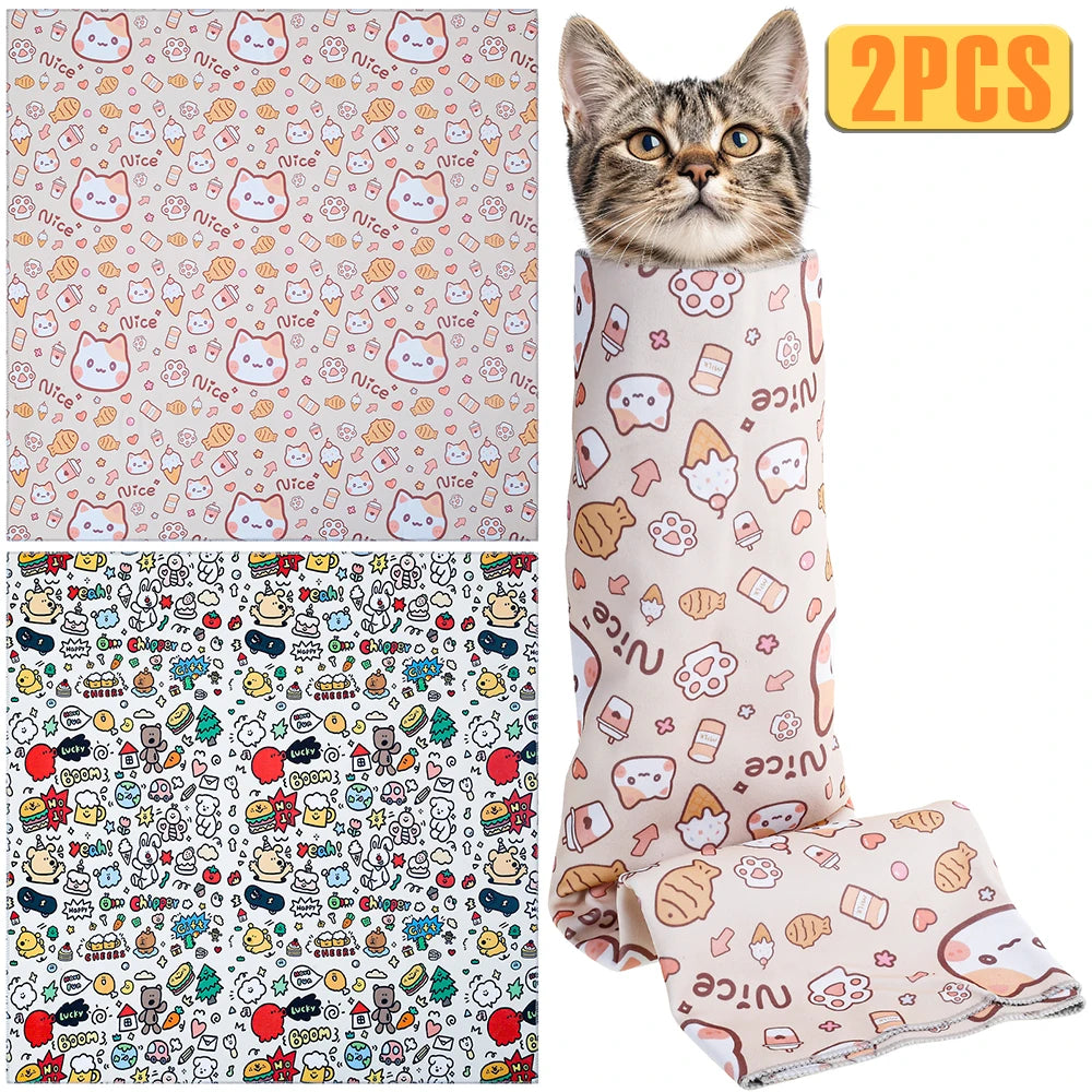 2Pcs Cat Restraint Wrap Nylon Self-Adherent Cat Grooming Wrap With Cartoon Print Anti Escape Anti Scratch Cat Nail Cutting Wrap