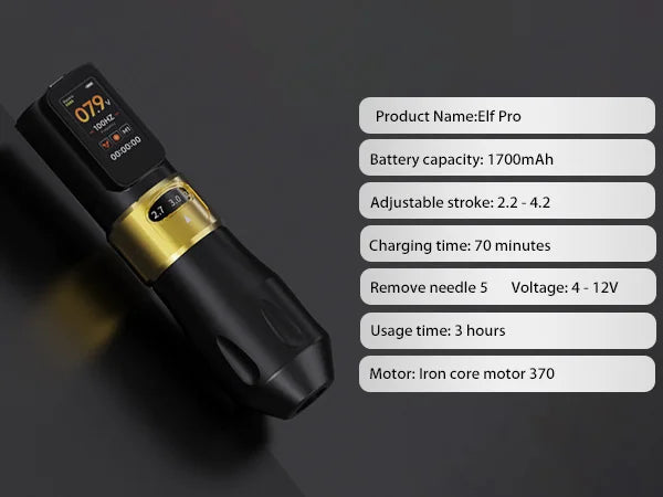 Elf PRO Wireless Tattoo Pen Machin 1700mAh Battery 2.4-4.2mm Adjustable Stroke Display Charge Tattoo Gun Permanent Makeup