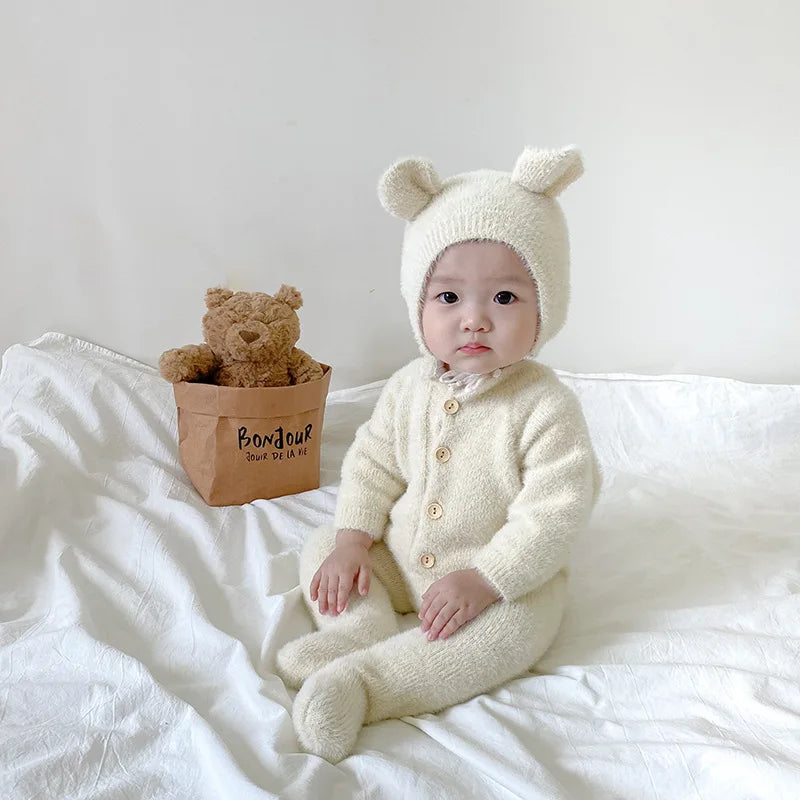 Baby Outfit Newborn Photography Props Mohair Knitted Bear Rompers Footed Jumpsuit Hat 2pcs/Sets Photography Clothing Accessories