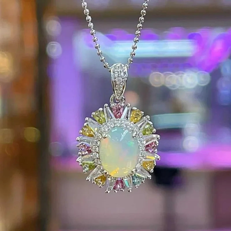 SACE GEMS S925 Sterling Silver Certified 8*10MM Natual Opal Pendant Necklaces for Womne Engagement Cocktail Party Fine Jewelry