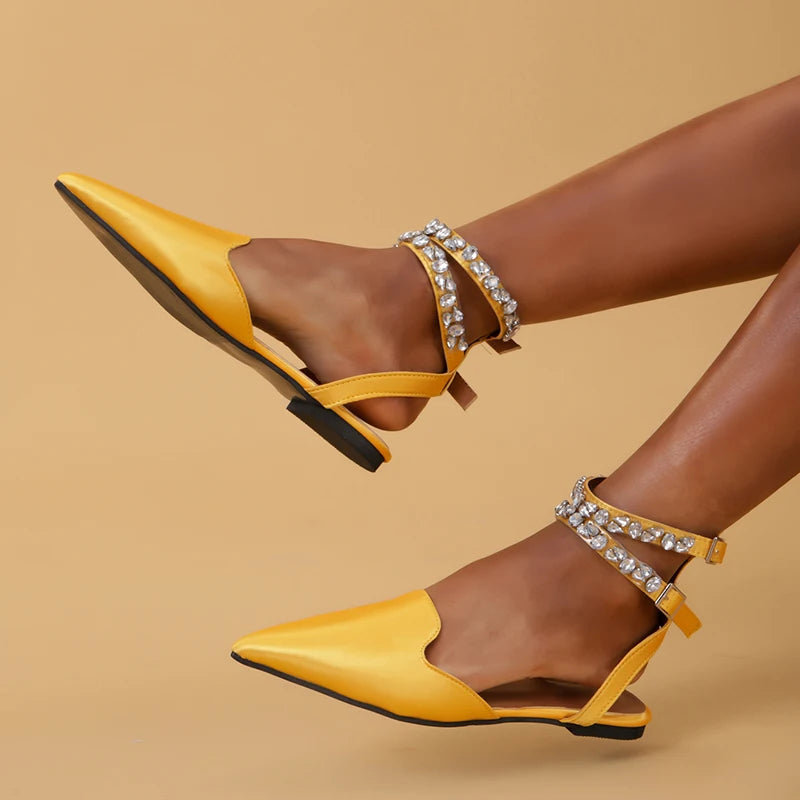 Shiny Crystal Flat Heels Gladiator Sandals Women Sexy Pointed Toe Pink Party Shoes Woman Plus Size 42 Ankle Straps Pumps Lady