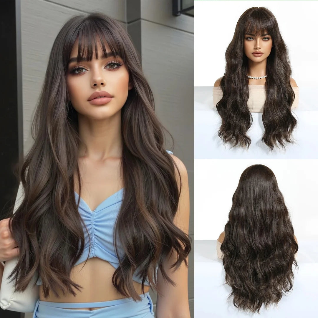 EASIHAIR Long Wavy Synthetic Wigs Natural Ombre Brown Wig with Bangs for Women Daily Cosplay Party Use Heat Resistant Fiber