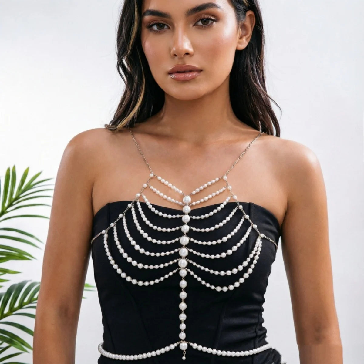 Elegant Simulated Pearl Beaded Halter Waist Chest Chain For Women Summer Beach Club Party Pearl Beads Body Chain Body Jewelry