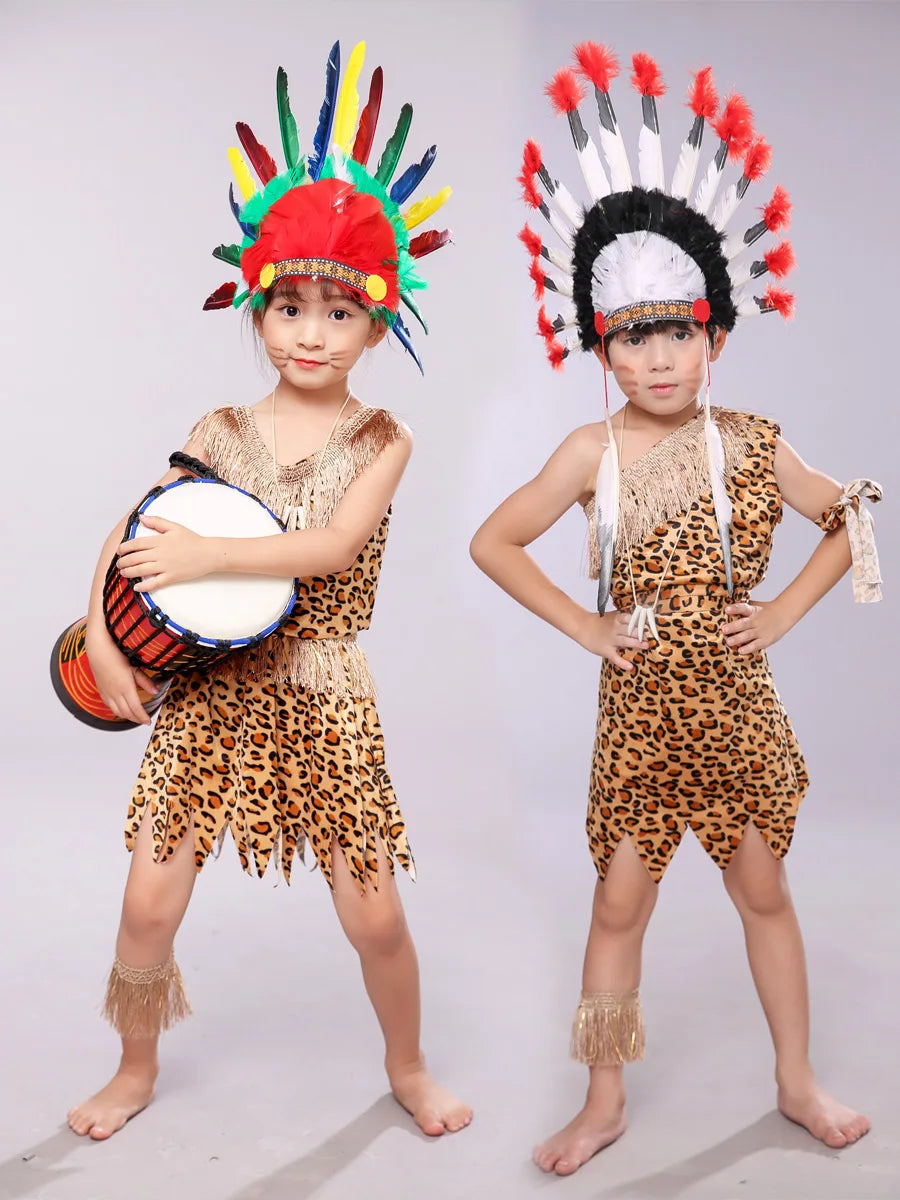 Halloween Costume Adult Kids Savage Caveman Costumes African Tribal Hunter Clothing for Girl Performance Costumes Cosplay Dress