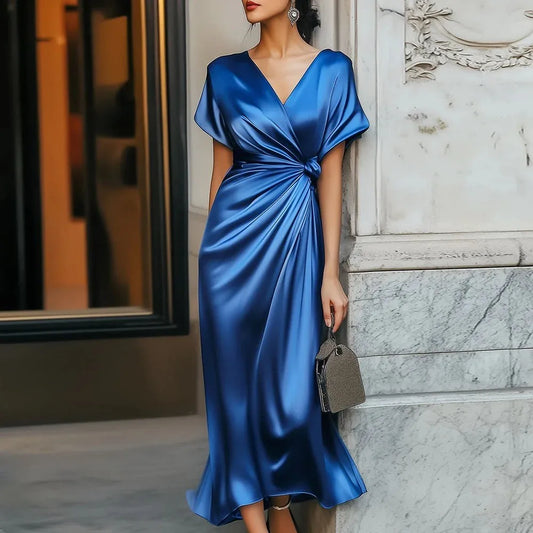 Fashion V Neck Short Sleeved Solid Color Dress Satin Women's Dress Elegant Form Fitting High-waisted Pleated Female Office Dress