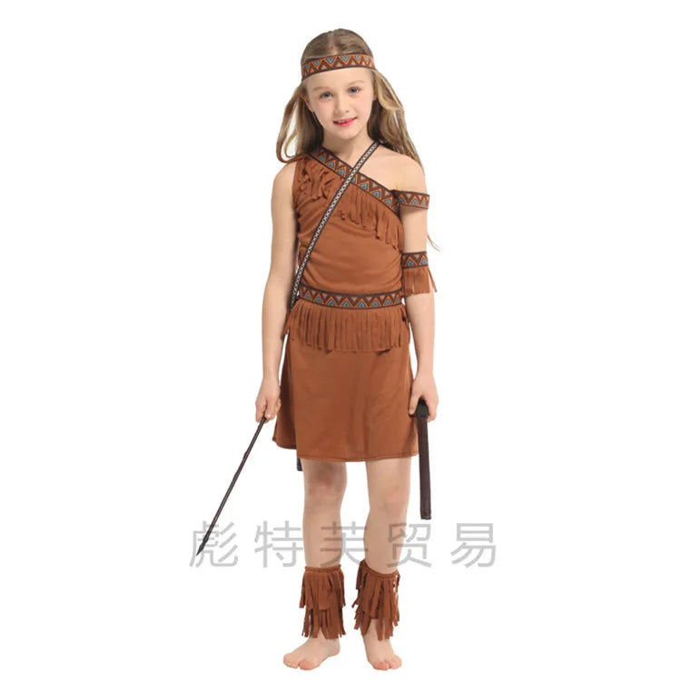 Halloween Kids Indian Cosplay Performance Costumes Primitive Activity Costumes Dress +Headdress+Waistband+Armband+Shoe covers