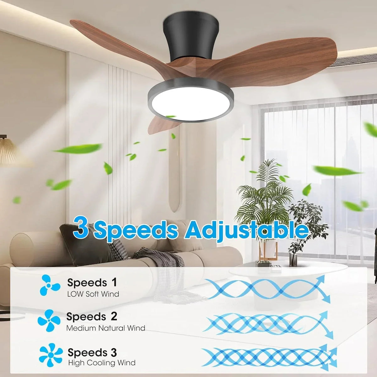Ceiling Fan Light with Remote Control Lighting Ceiling Small Three Leaf for Bedroom Dining Room Kitchen Garage LED Fan Light