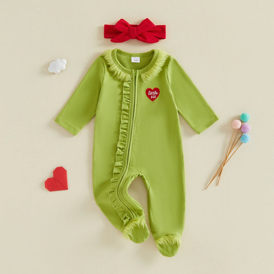 Baby Girls Christmas Ruffles Zipper Romper Green Plush Trim Jumpsuits and Headband Winter Baby Playsuits Clothes