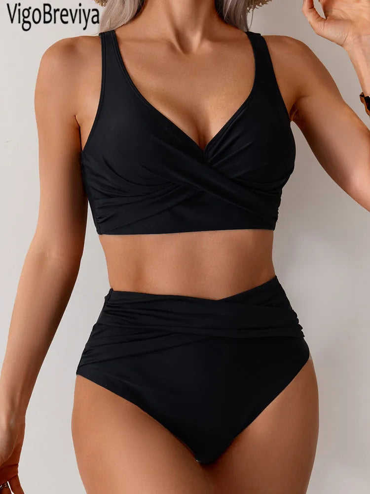 VigoBreviya 2026 Sexy Solid Strapped Swimwear Women Cross Push Up Bikini Set Brazilian Lady Swimsuit High Waist Beach Bath Suit