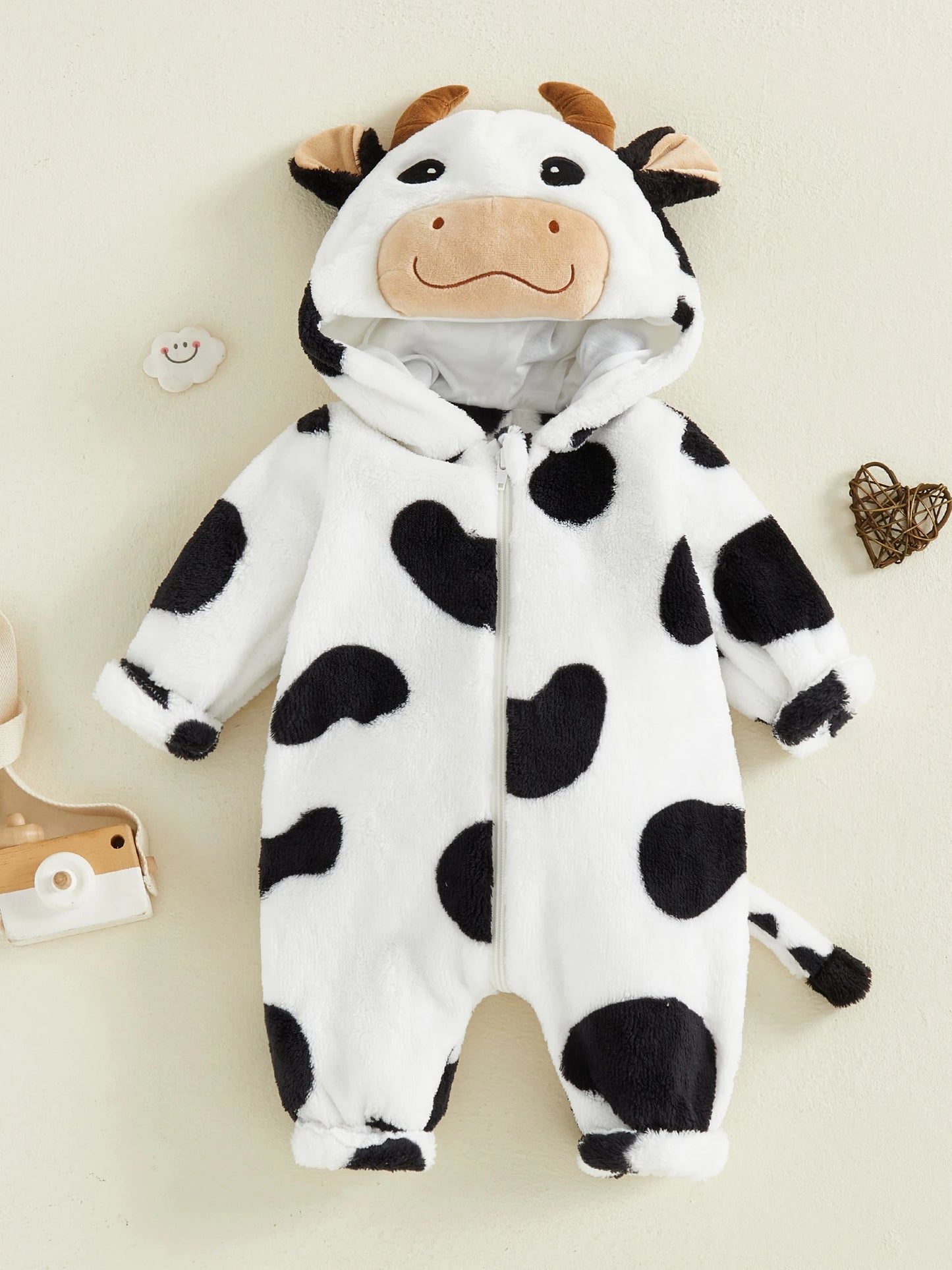 Halloween Costumes Baby Romper, Long Sleeve Hooded Fall Bodysuit Cow Cosplay Costume Halloween Clothes for Girls Boys