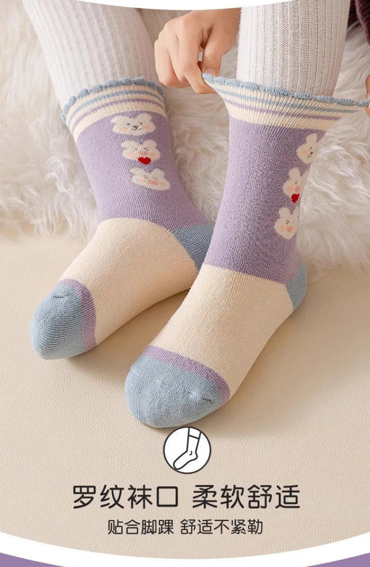 5 pairs of thick socks for girls in winter, medium to large-sized long tube looped socks with fleece added