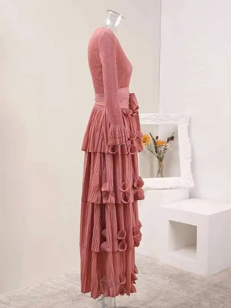 LANMREM Pleated Appliques Long Dresses For Women Round Collar Lace-up Full Sleeve Evening Party New 2025 Lady Dress 32S1173