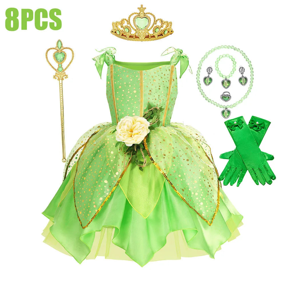 Child Girl Bell Costume Halloween Costume for Kids Green Dress Fancy Fairy Princess Cosplay Carnival Party Ball Gowns with Wing