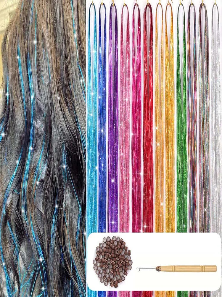12pcs Synthetic Hair Tinsel Kit Heat Resistant Sparkling Shiny Tinsel Hair Fairy hair 12 Colors Tinsel Strands Highlights