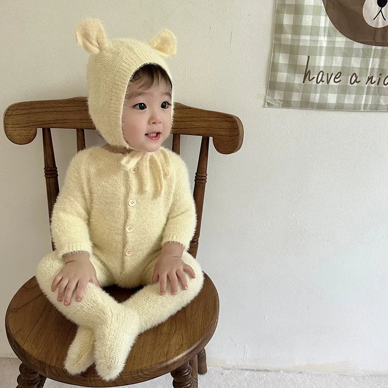 Newborn Baby Mink Fur Romper with Hood Cute Bear Animal Ear Footed Onesie Winter Warm Jumpsuit for 0-2 Years