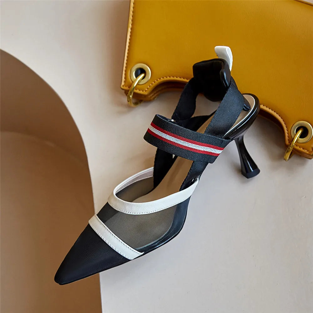 Aucegi Pointy Toe Thin High Heel Slingback Sandals Women Brand Design Elegant Genuine Leather Splicing Mesh Party Dress Shoes