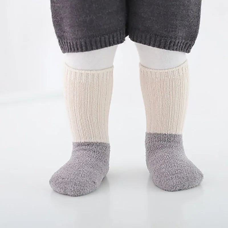 5 Pairs Winter Unisex Kids Baby Socks Infant Patchwork Non-slip Tube Socks Cotton Thick Warm Fleece Newborn Baby Stockings