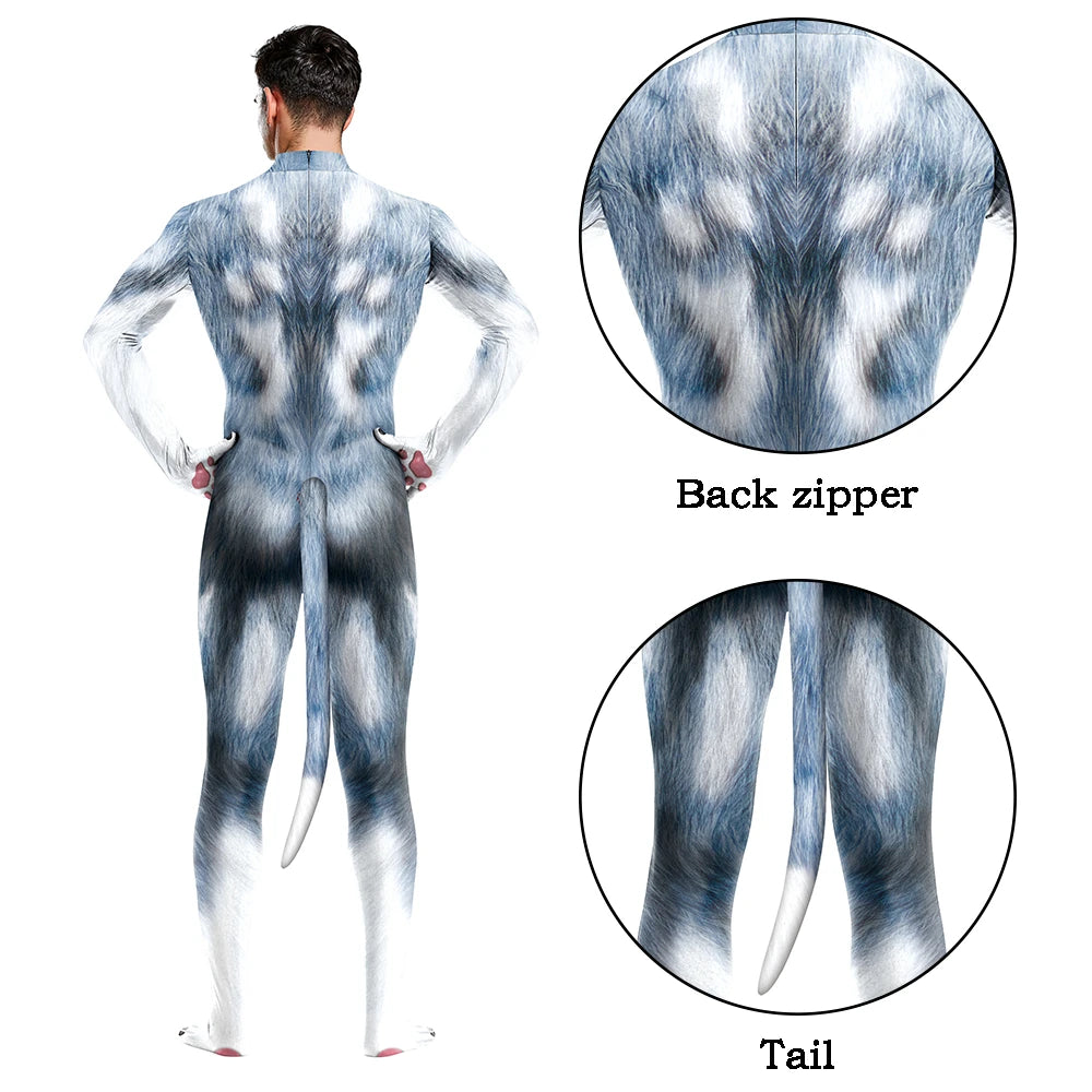 Halloween Cosplay Costume Male Adult Full Cover Elastic Zentai Pet Suit Jumpsuit Print Catsuit Bodysuits with Tail Purim Clothes