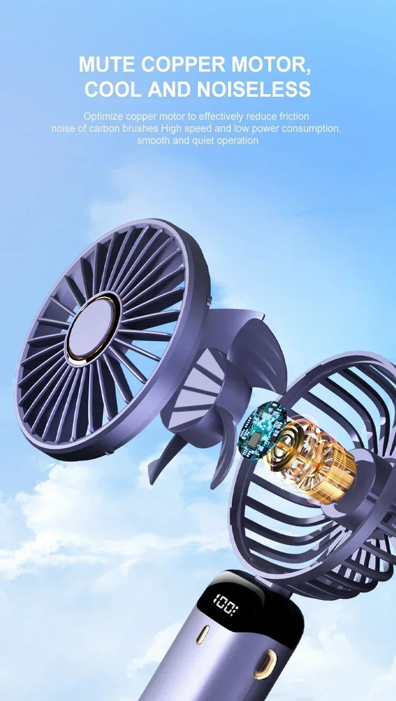 Portable Handheld Mini Fan Foldable Neck Hanging Fans 1800mAh 5 Speed USB Rechargeable Fan with Phone Stand and Display Screen