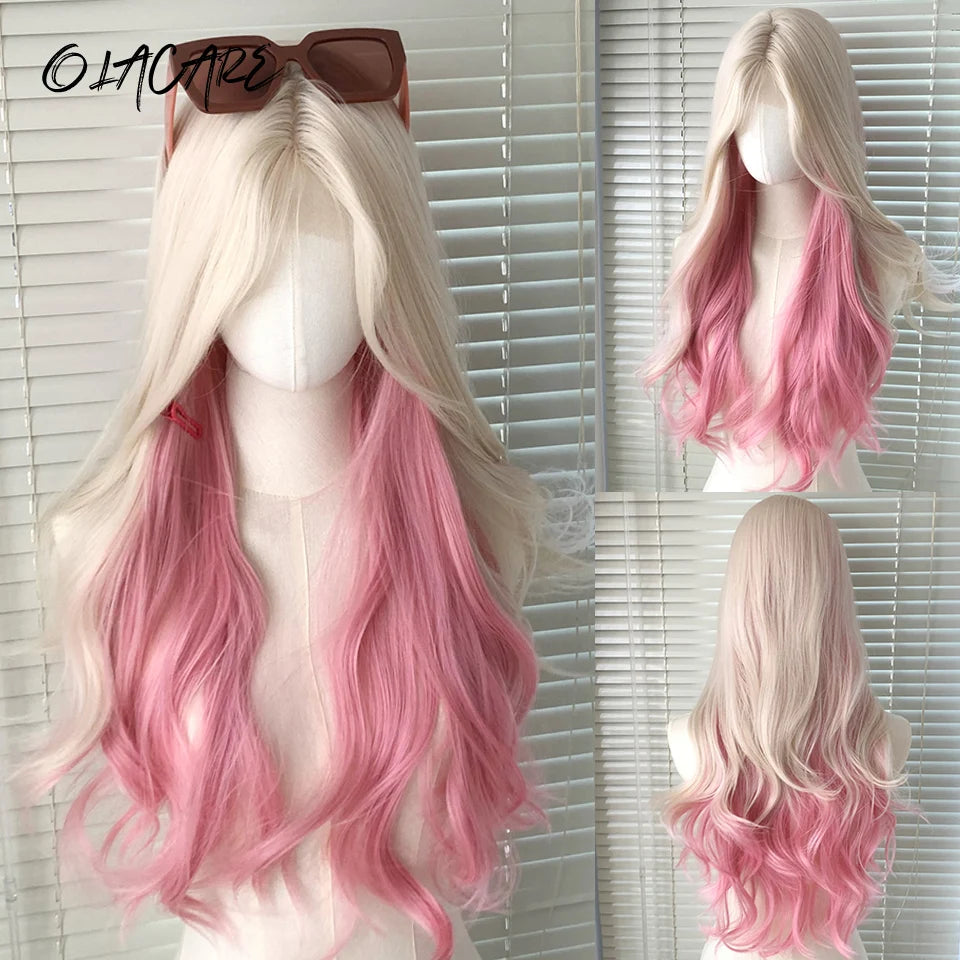 Synthetic Long Curly Wavy Lolita Wig with Bangs Wig Girl Cute Ombre Pink Blonde Black Cosplay Party Halloween Harajuku Wig