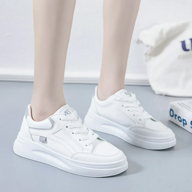 Women's Shoes Platform Sneakers Lace-Up Women Running Shoes Outdoor Breathable Tennis Shoes PU Leather White Casual Shoe 2025