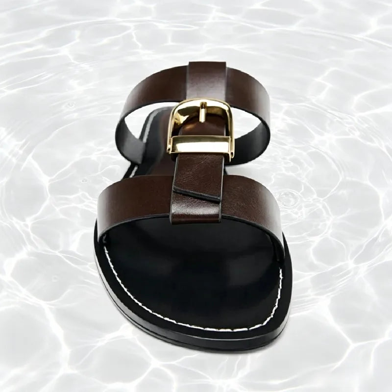 Fashion Metal Buckle Decoration Flat Sandal Women Unique Double Narrow Band Design Flats Summer Sexy Open Toe Holiday Beach Shoe
