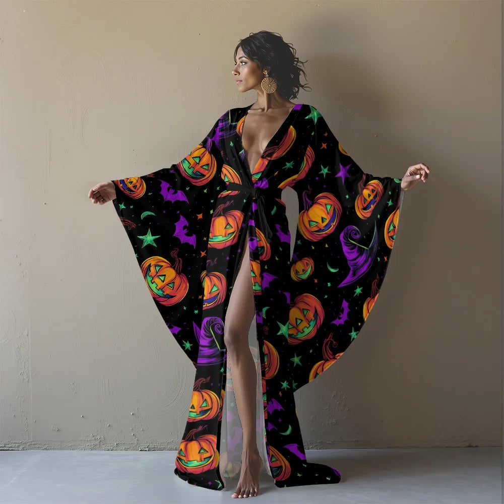 Halloween Sexy V-Neck Robe with Ghost Print High Slit & Bat Sleeves Kimono - Women's Party Costume Funny Cool Cosplay Wear