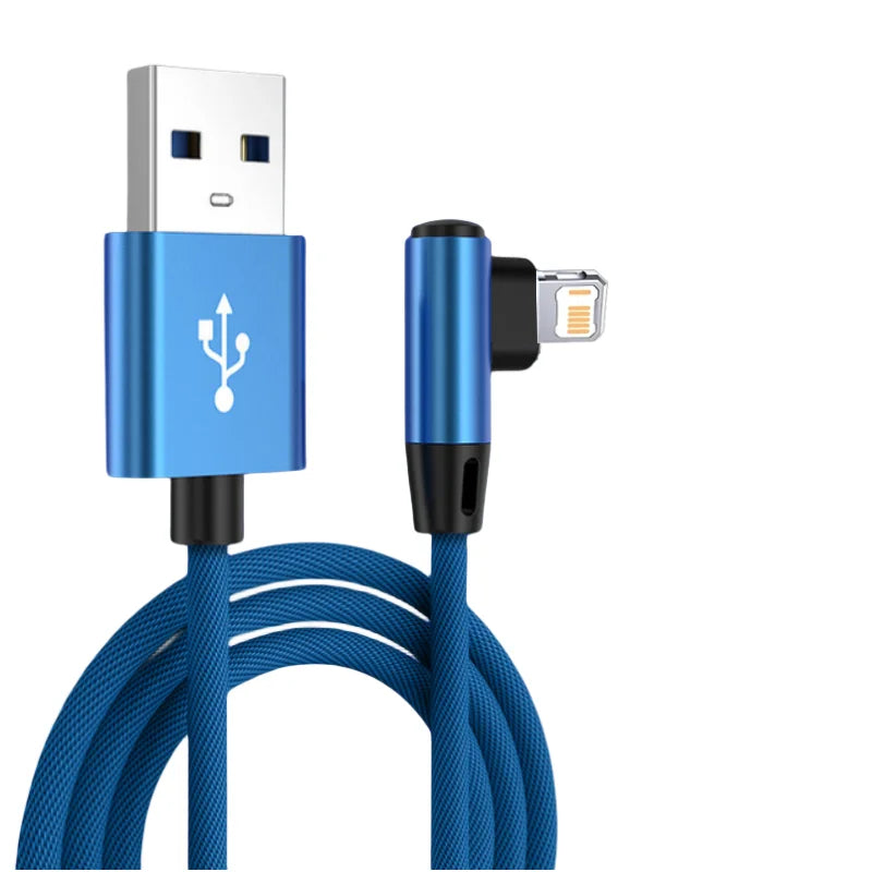 90 Degree USB Cable For iPhone 14 13 12 11 Pro Max X XR 6s 7 8 Plus Mobile Phone Fast Charging Cord Data Charger Wire