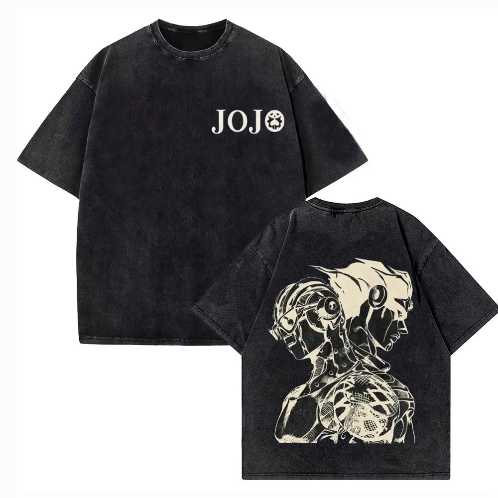 Vintage Washed TShirt Men JoJo Bizarre Adventure Gyro Zeppeli Streetwear T-shirt Anime Print Cotton Casual Short Sleeve Tshirt