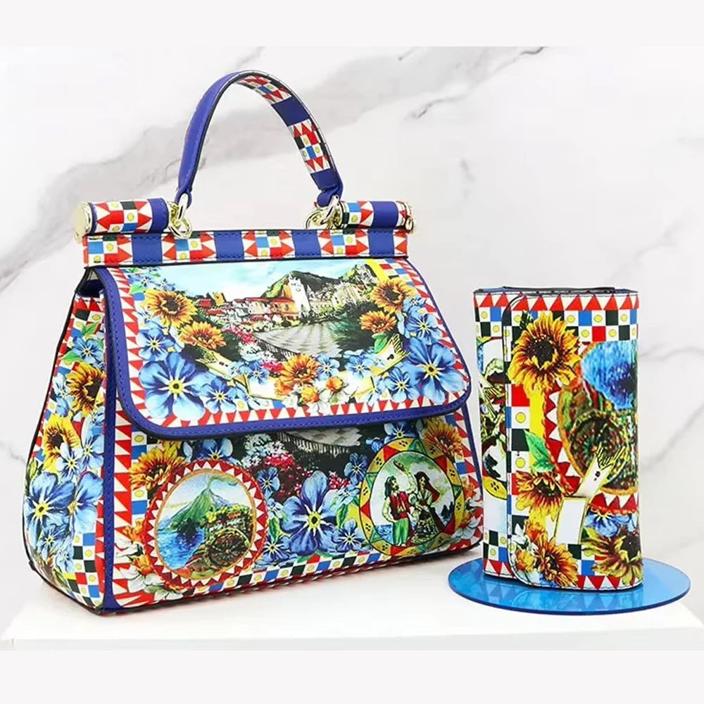 Luxury Women Bags Leather Vintage Painting Art Purse Handbags Girl Shoulder Bag Fashion Cross Body Messenger Bag Female Totes