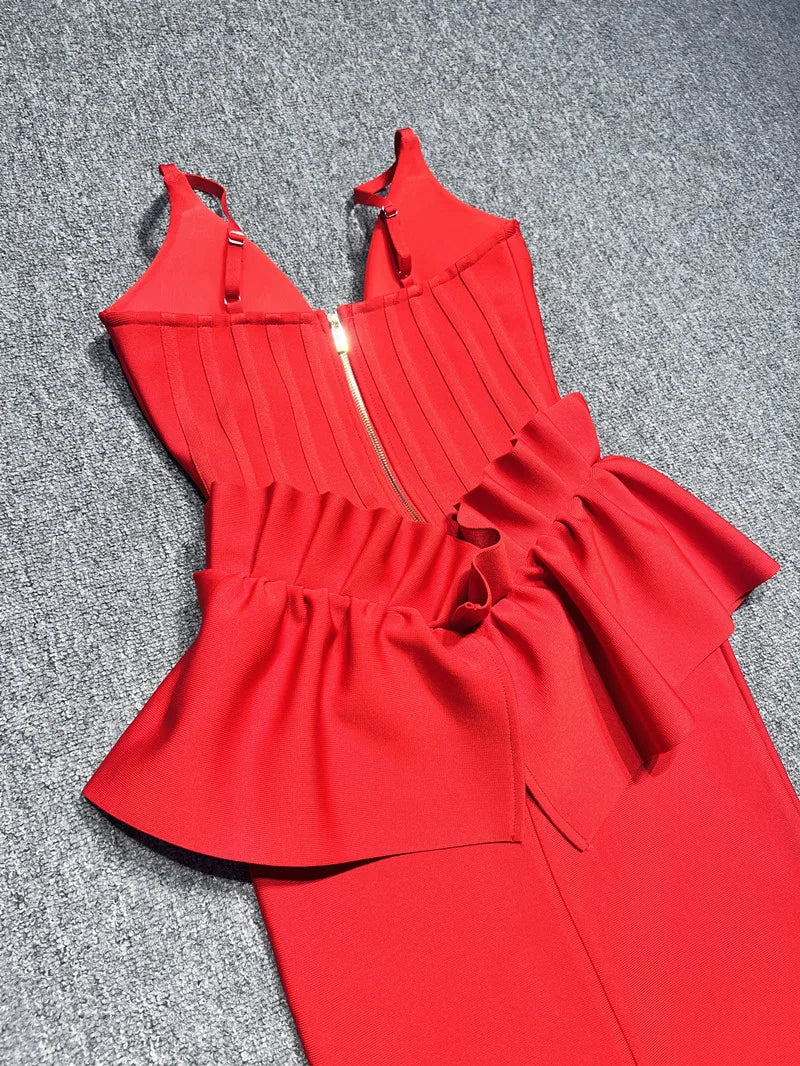 Valentine's Day Women Sleeveless V-Neck Ruffles Bodycon Long Bandage Dress Celebrate Evening Party Birthday Cocktail Dress
