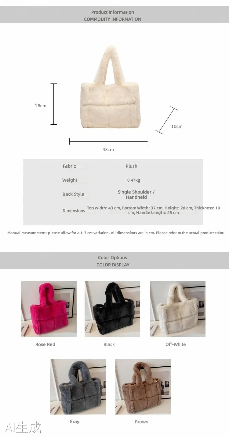 Luxury Faux Fur Women's Shoulder Bags Large Capacity Soft Plush Casual Tote Bags Winter Fashion Female Travel Purse Handbags