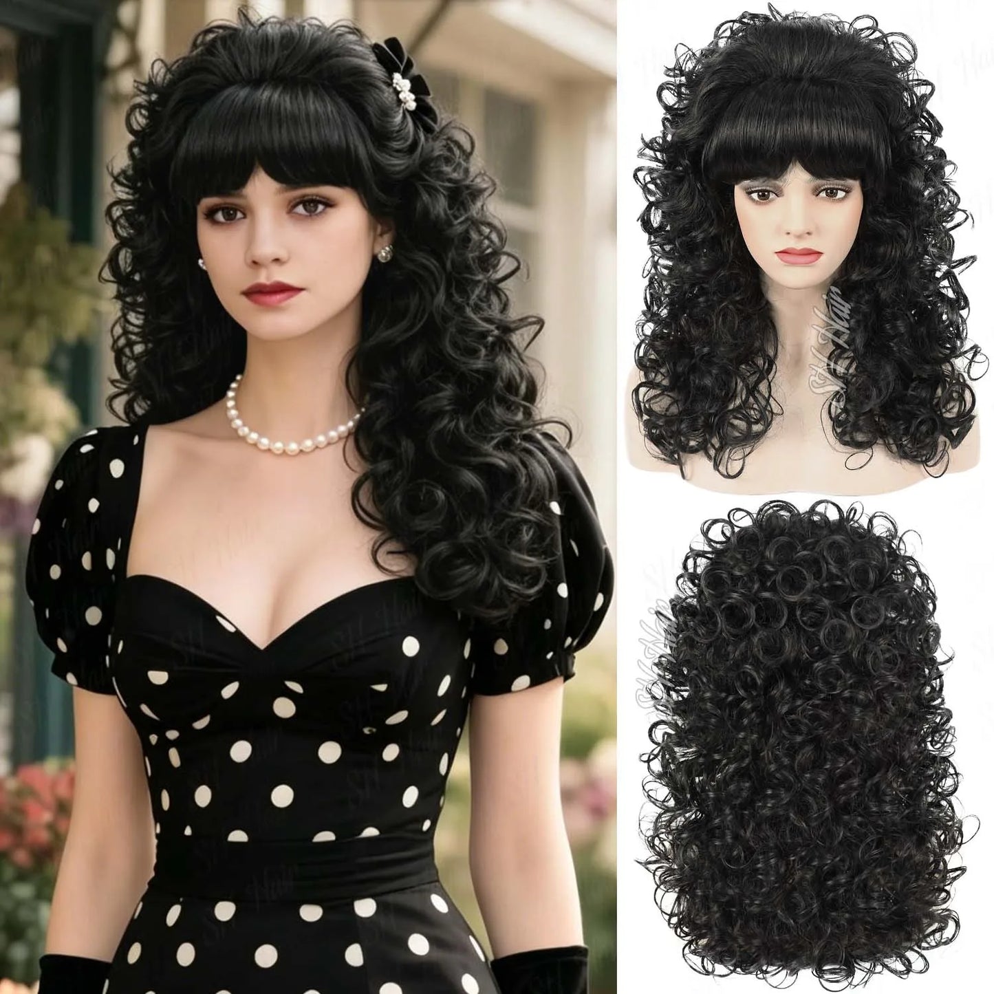 Synthetic 80s Vintage Big Beehive Wig for Women Retro Curly Wig with Bangs for 60s 70s Cosplay Halloween Party,Dolly Costume Wig