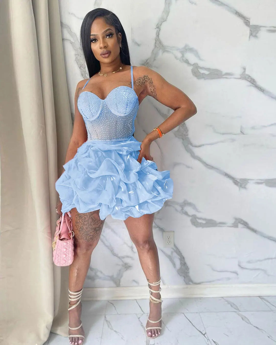HBLL Sexy Rhinestone Bodycon Ruched Puff Suspenders Dresses Women Sheer Mesh Birthday Party Night Clubwear Summer Dresses Robes