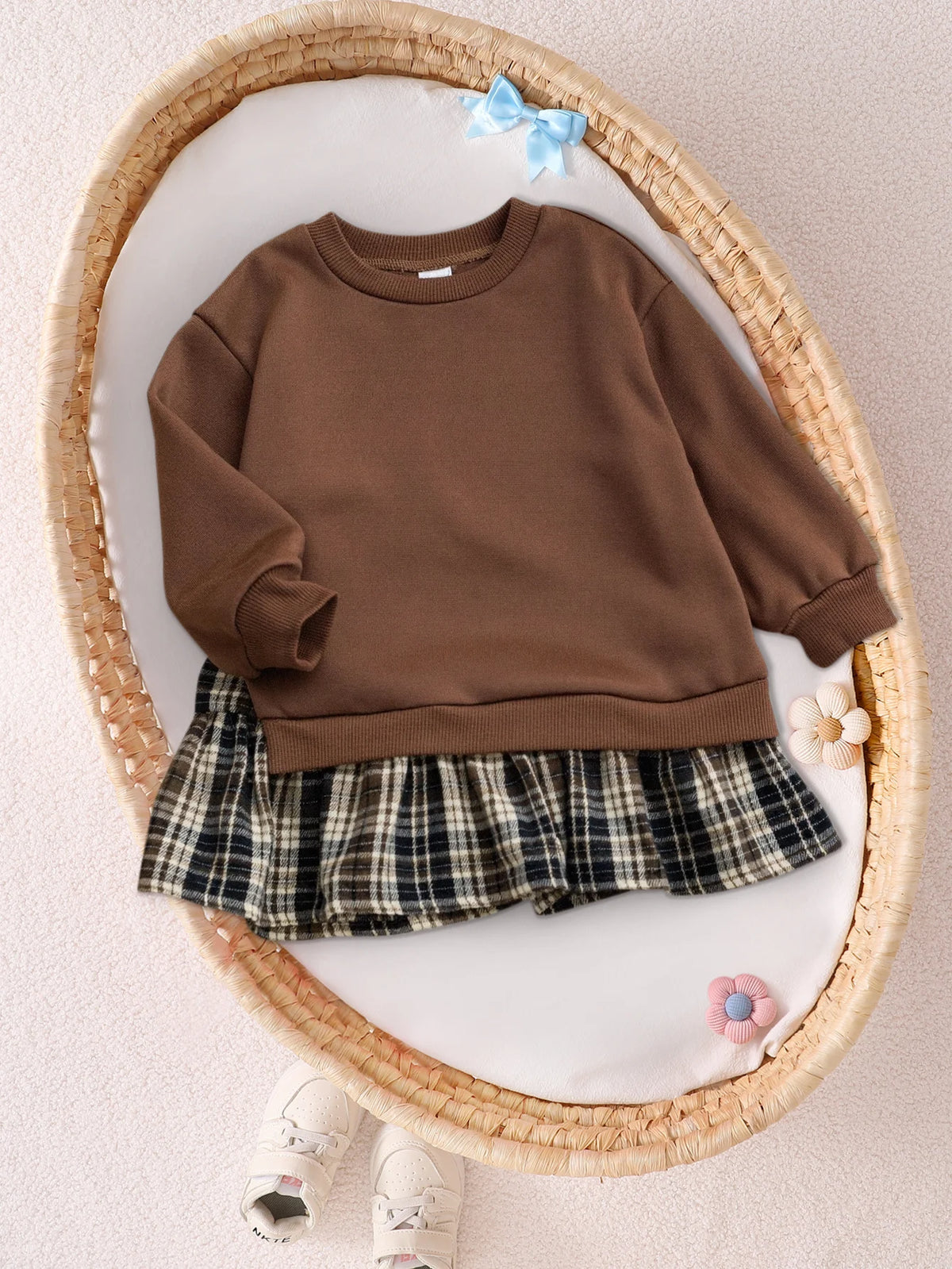 1-Piece Set: Baby Girl Spring and Autumn Thin Dress Outfit, Simple Pullover Long-Sleeve Top with Irregular Hem, Plaid Pattern, Color-Matched Faux Two-Piece Dress, Cute and Fashionable Princess Dress for Girls, Newborn Birthda