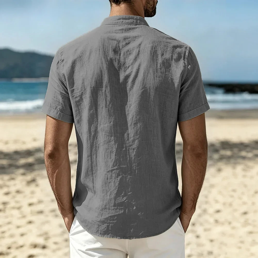 Men's Cotton Linen Shirt Summer Lightweight Breathable Short Sleeve Henley Neck Casual Shirts Male Vacation Beach Style Tops