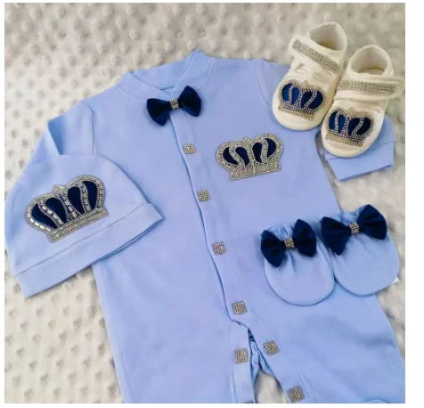 Dollbling Baptism Outfit Boy Prince Luxury Bling Christening Coming Home Romper Bonnet Set Mittens Nursery Hospital Clothing set