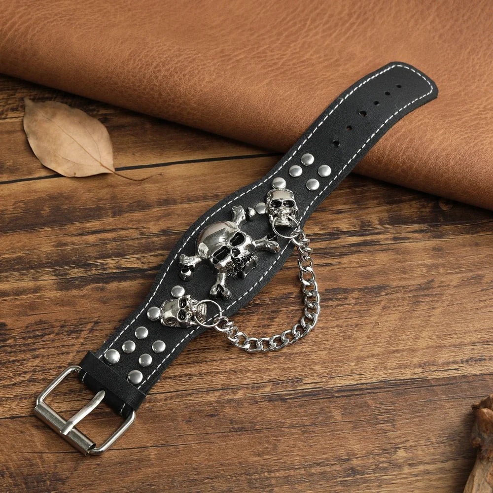 2025  Jewelry Handmade Weave Genuine Leather Skull Bracelet Men Vintage Cuff Wide Leather Rivet Bracelet Pulsera Hombre