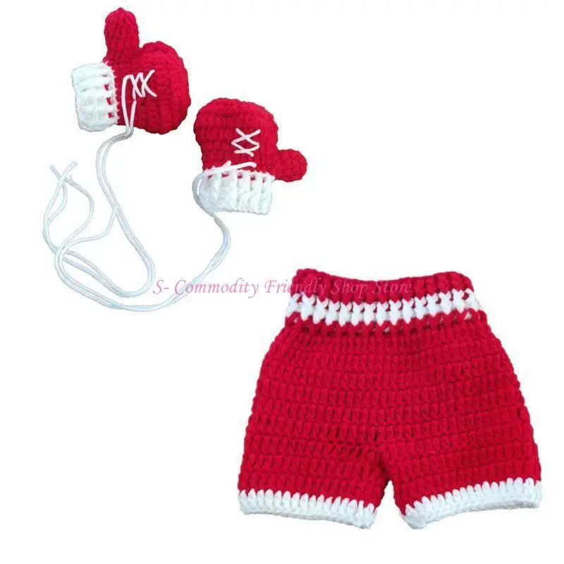 Newborn Photography Set Bath Gift Woven Photography Props Boxing King Blue Red Pink Boxing Suit Handmade Crochet