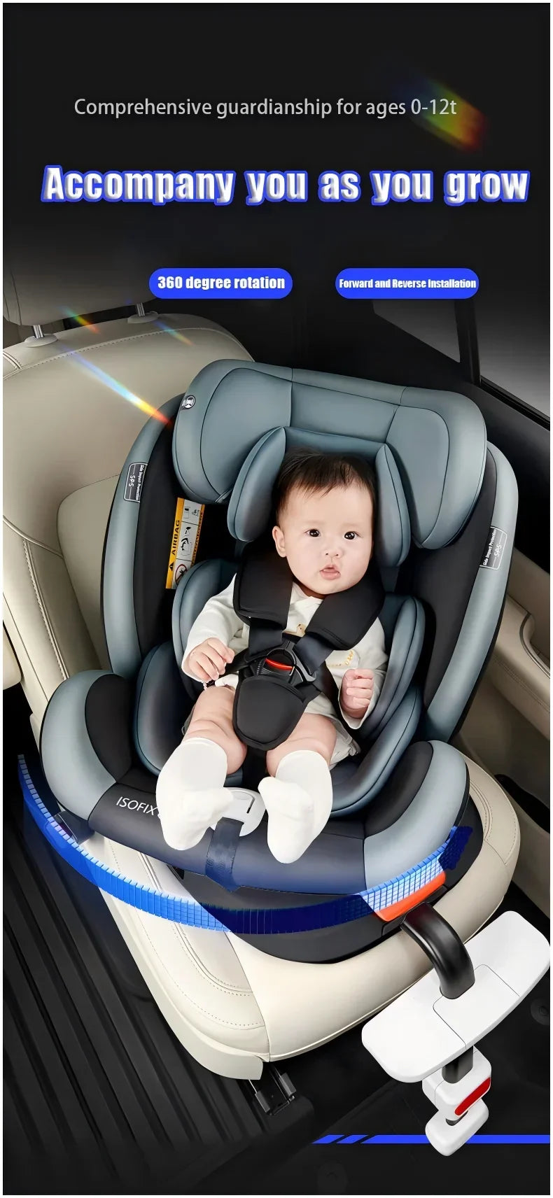 Child Car Safety Seats with ISOFIX for Baby Adjustable 360 Rotating Direction Angle 0-12 Years Suitable Car Seat with Footrest
