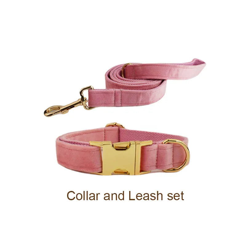 Pink Velvet Dog Collar And Leash Set For Small Medium Large Dogs Custom Engraved Nameplate Pet Supplies Dog Leash Velvet 01