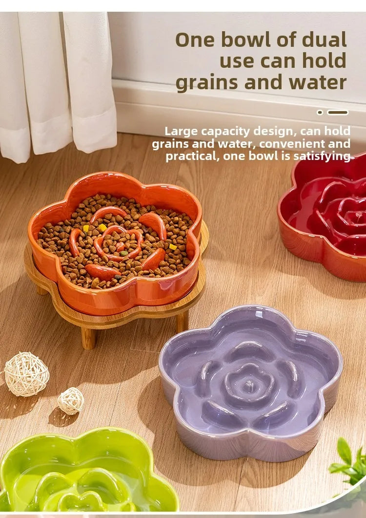 Ceramic Dog Slow Food Bowl Anti-choking Medium and Large Dog Food Basin Cat Bowl with Wooden Frame Pet Feeding Supplies With