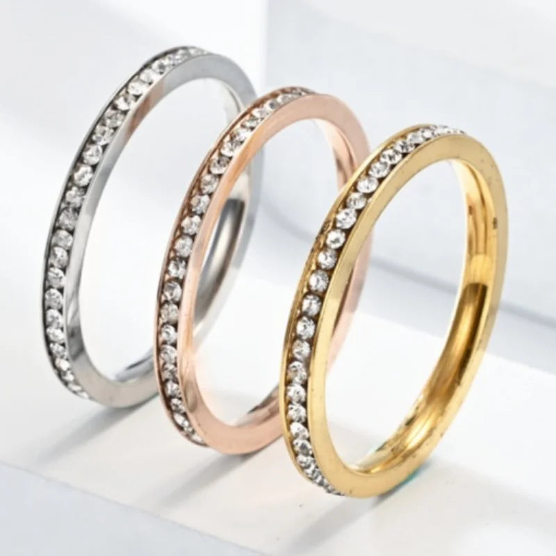 Unisex Luxury 2mm Stainless Steel Cubic Zircon Ring Gold Silver Color Adjustable Statement Band for Men And Women US Size 5-11