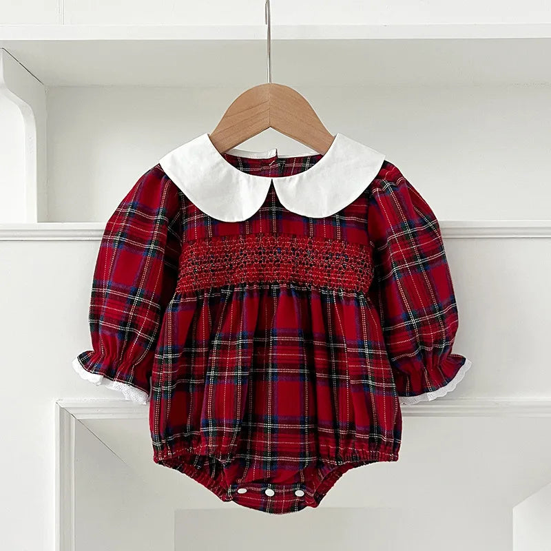 2025 Christmas New Infant Baby Girl Bodysuits Lace Cotton Red Grid Newborn Baby Girl Jumpsuit New Year Party Children Clothes