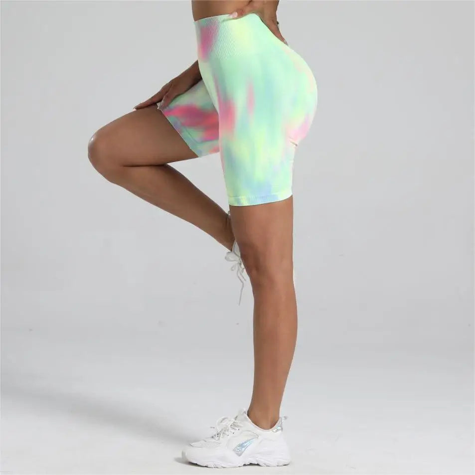 Women Nylon Gym Sports Shorts High Waist Seamless Tie dyed Elastic Fitness Yoga Leggins Pants Training Workout Tights Cycling