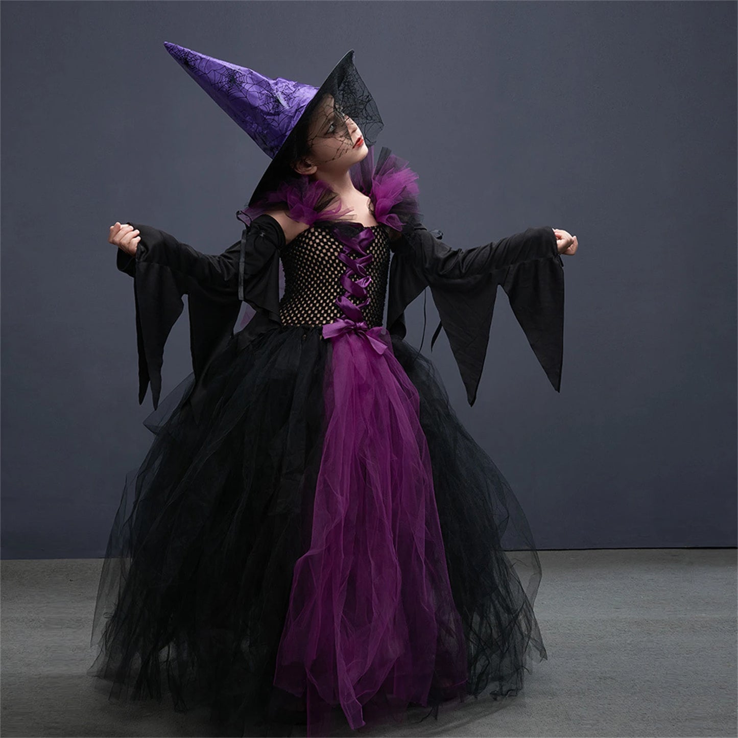 Halloween Witch Costume For Girls Kids Long Veil Dress Princess Dress Birthday Party Dress Stage Performance Dress
