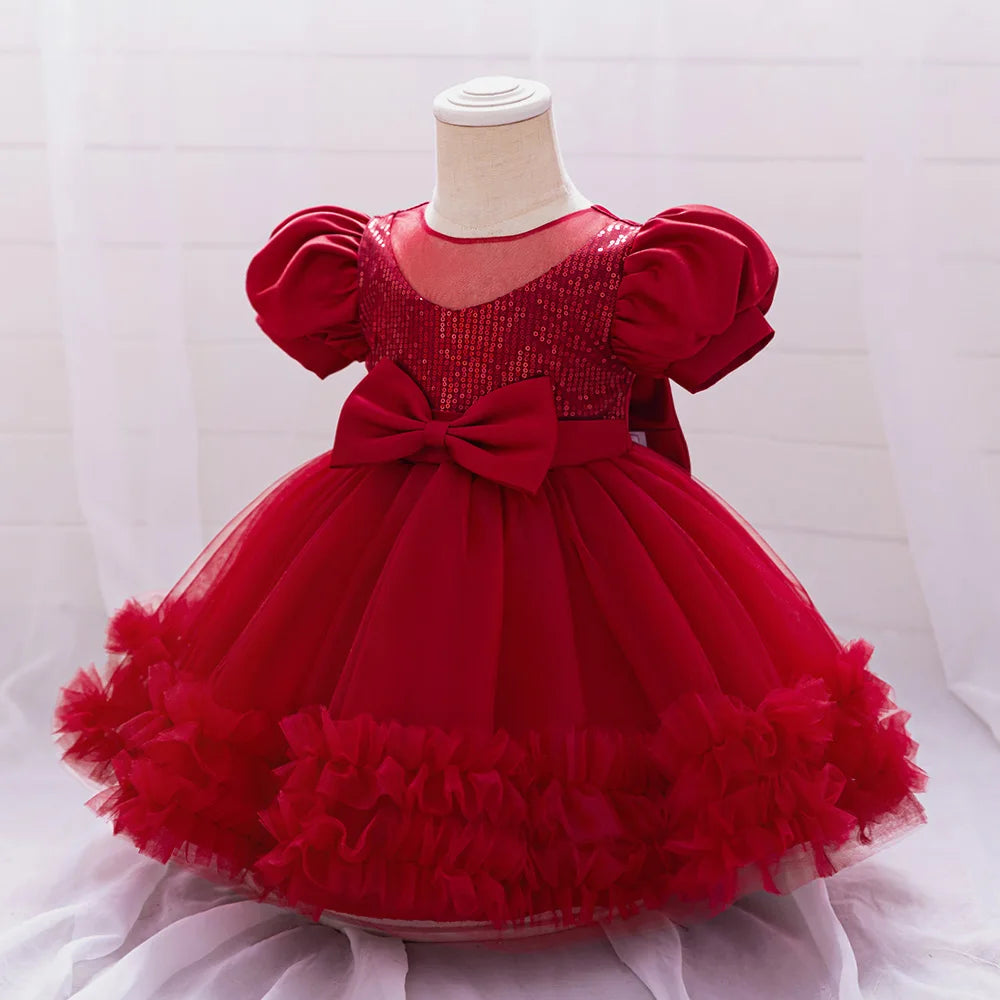 Toddler Sequin Baby Girl Party Dresses Bow Princess Dresses for Girl 1st Birthday Baptism Baby Dress Tutu Lace Wedding Prom Gown