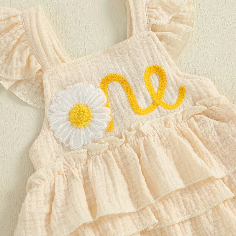 Newborn Baby Girls 1st Birthday Romper Dress Summer Cute Daisy Letter Embroidery Fly Sleeves Ruffles Jumpsuit and Headband Set